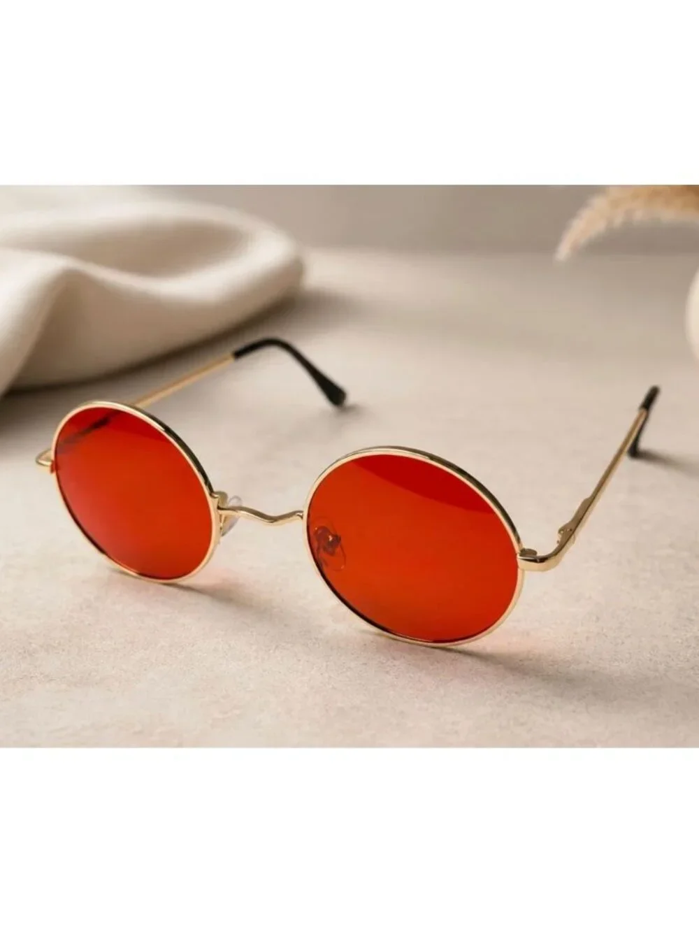 Retro Round Sunglasses With Gold Metal Frame & Red Lenses